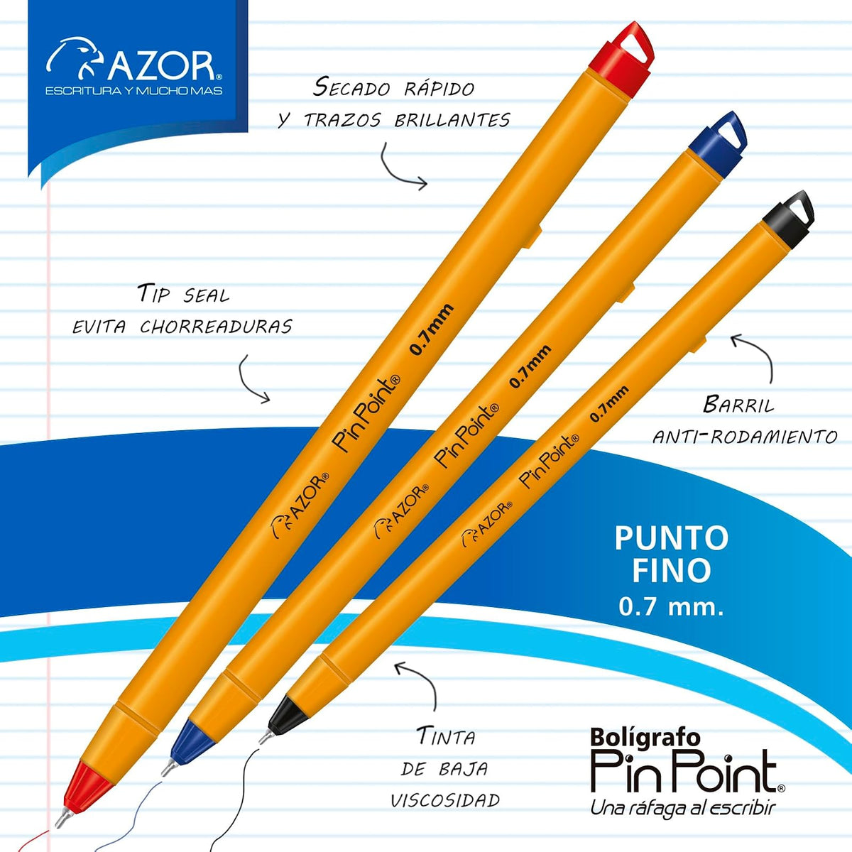 Azor Bolígrafo Punto Fino .7mm 36 Piezas PinPoint Colores Negro(18pz), Azul(12pz) y Rojo(6pz) 301.6820BCS