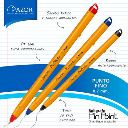 Azor Bolígrafo Punto Fino .7mm 36 Piezas PinPoint Colores Negro(18pz), Azul(12pz) y Rojo(6pz) 301.6820BCS