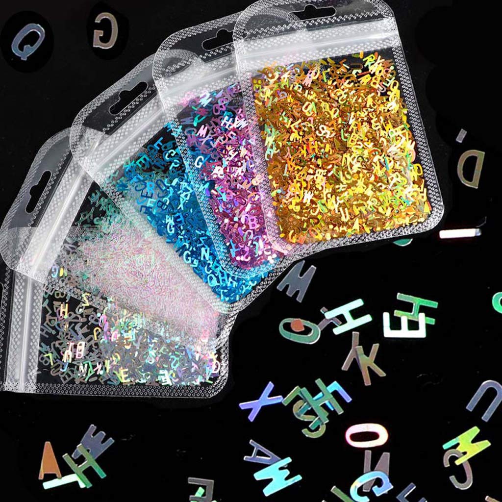 HELYZQ 5 Colores Alfabeto Letras holográficas Brillo Grueso Resina epoxi Lentejuelas 2g por