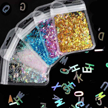 HELYZQ 5 Colores Alfabeto Letras holográficas Brillo Grueso Resina epoxi Lentejuelas 2g por