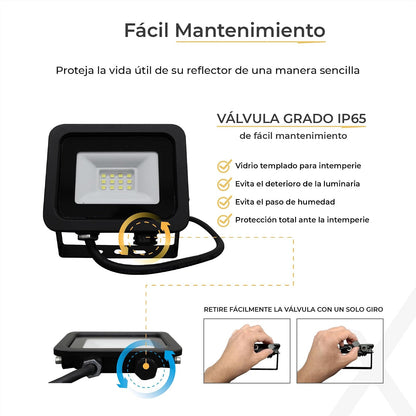 ILLUX Reflector LED Exterior 10W, Luz Fría 6500K, Impermeable IP65, Sobreponer en Piso, Negro, Iluminación para Fachadas y Jardines RL-3610.N65