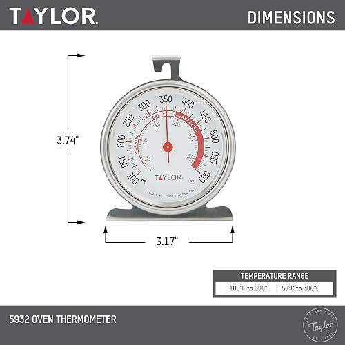 Taylor Precision Products 5932 Termómetro de horno de cocina de esfera grande, esfera de 3.25 pulgadas, acero inoxidable