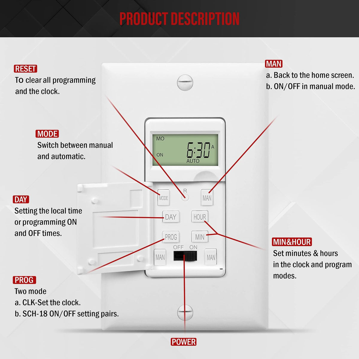 Enerlites HET01-C Programmable Timer Switch Digital Timer Switch for Lights, Fans, Motors, Timer in wall, 7-Day 18 ON/OFF Timer Settings, 2PCS. NEUTRAL WIRE REQUIRED, White