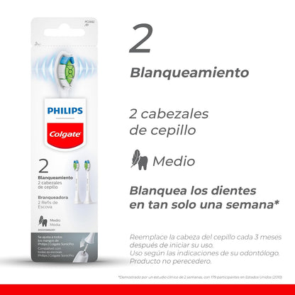 Philips Colgate Repuesto Cepillo Eléctrico SonicPro 2 pack | Hasta 100% Menos Manchas en Solo 7 Días, Eliminan Manchas Superficiales, Blanquean y Pulen los Dientes