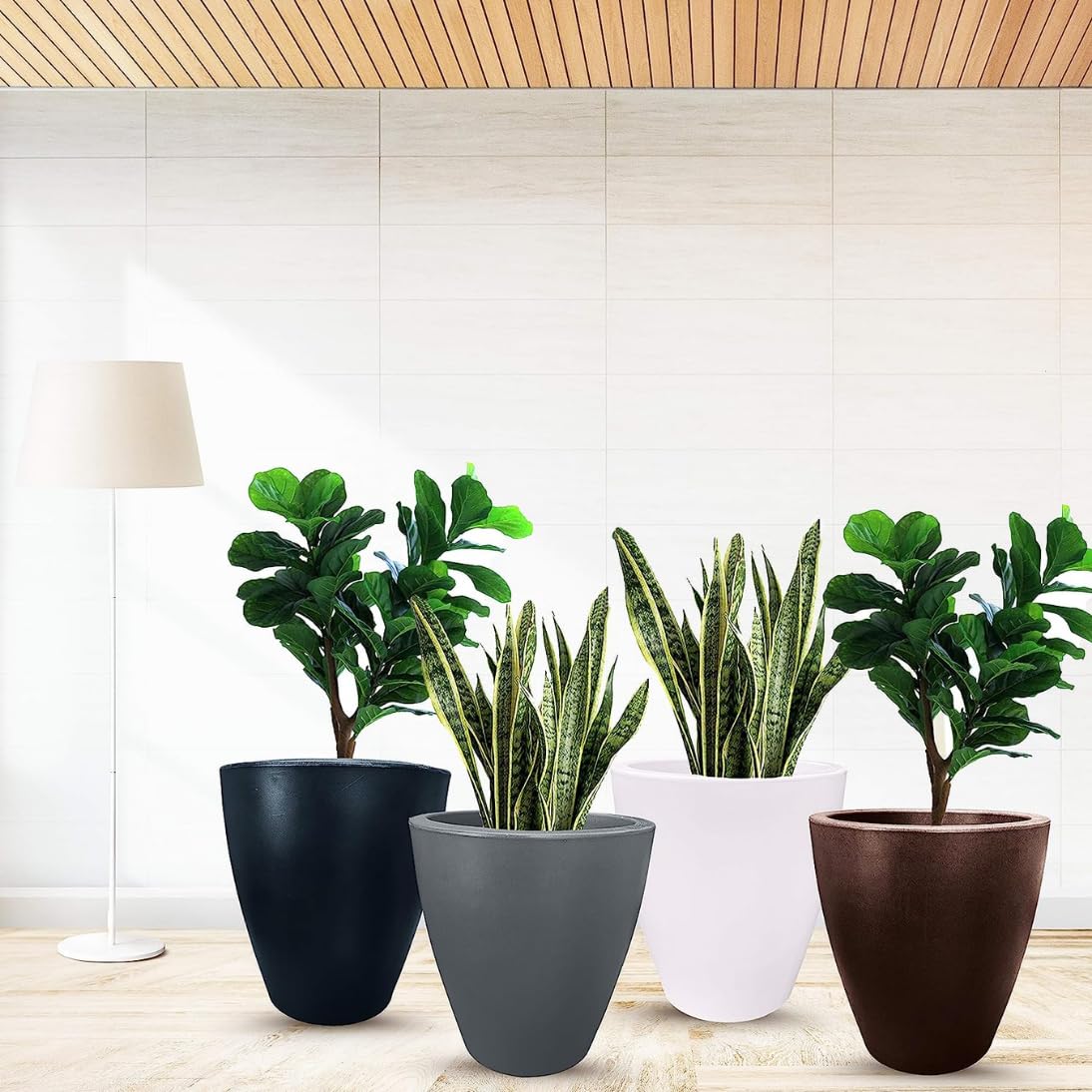 Elly Décor - Maceta de plástico de 17 Pulgadas para jardín con Drenaje, Redonda Grande, Ligera y Extremadamente Duradera, Maceta de plástico para Interior/Exterior, 17 x 15 x 9 Pulgadas, Color Gris