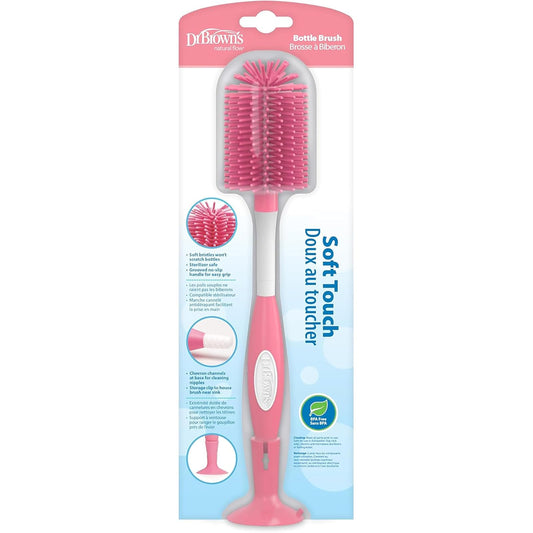 Dr. Brown's Cepillo de Limpieza de biberones de bebé Suave al Tacto, sin arañazos, Limpiador de pezones con Soporte y Clip de Almacenamiento, sin BPA, Rosa, 1 Paquete, AC229