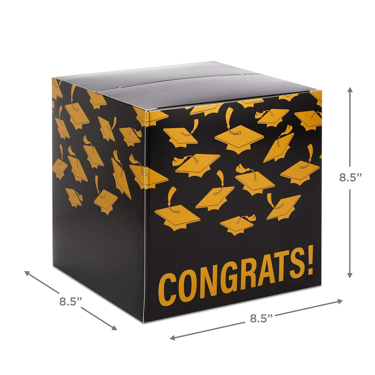 Hallmark - Caja para tarjetas de graduación de 8 pulgadas (oro y negro, felicidades!) Caja de cartón plegable para fiestas de posgrado y casas abiertas
