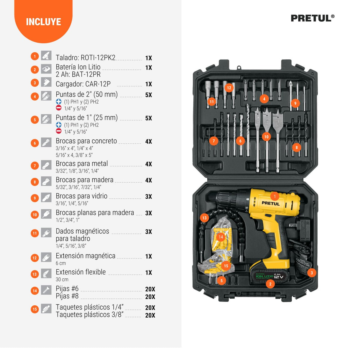 PRETUL TALI-12PK2, Kit taladro/destornillador 3/8", 12V con 33 accesorios