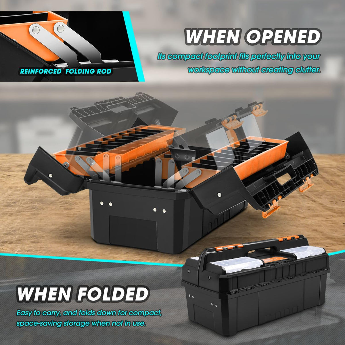 DNA Motoring Caja de Herramientas de plástico de 2 Capas con Cerradura Caja de Herramientas Plegable portátil Bandeja divisoria Organizadores de Herramientas, con asa, Naranja/Negro, TOOLS-00503