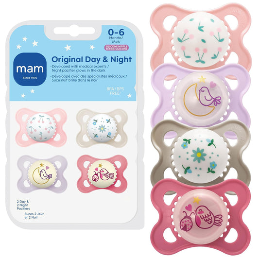 MAM - Chupones originales para bebés de 0 a 6 meses, brilla en la oscuridad | Para bebés recién nacidos, pezón de silicona suave para piel sin BPA, desarrollado con expertos médicos, fácil de limpiar