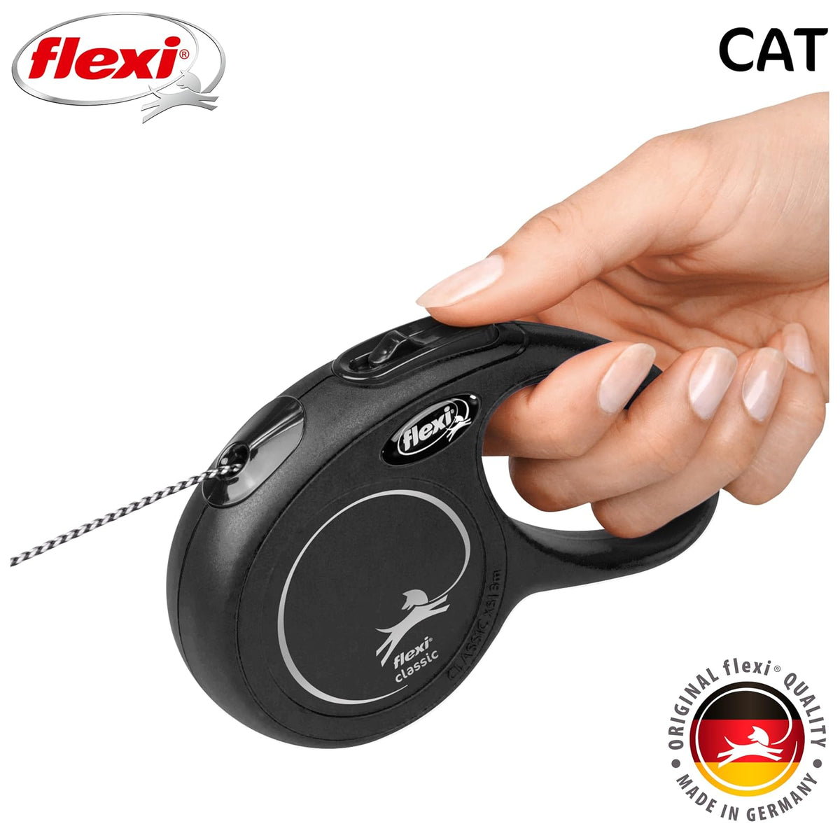 FLEXI - Correa retráctil para Gatos con Cable clásico, Talla XS – 10 pies, Color Negro, Correa para Caminar para Mascotas sin enredos con Freno con una Sola Mano, Pausa, Bloqueo, Producto de Calidad