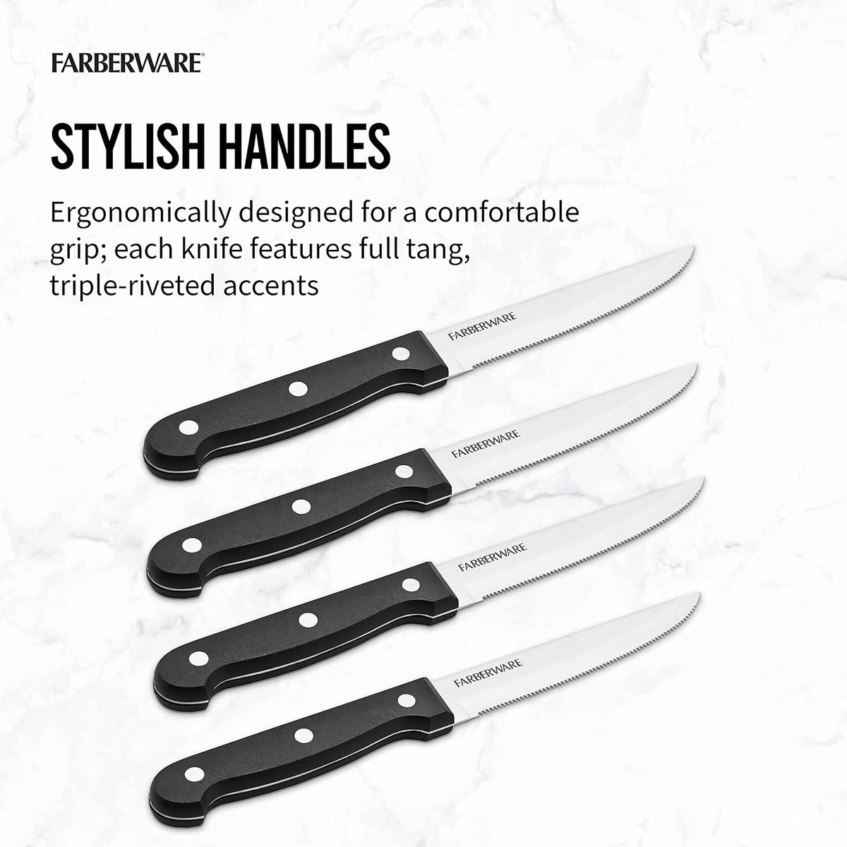 Farberware Juego de 4 cuchillos de carne de acero inoxidable con triple remache 'Never Needs Sharpening', color negro