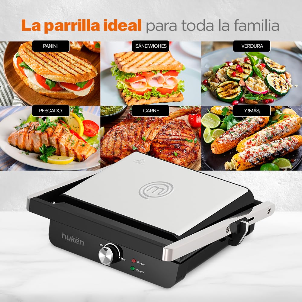 Hukën x MasterChef | Parrilla Eléctrica Multifuncional XL GRILL PRO | Apertura 180° | Perilla de Temperatura | Parrillas Antiadherentes | Bandeja de Goteo | Diseño Acero Inoxidable