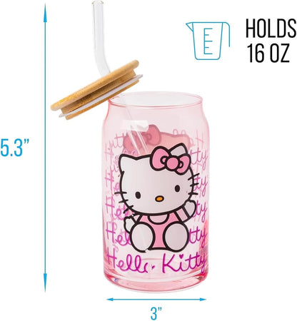 Silver Buffalo Sanrio Hello Kitty - Vaso de vidrio rosa con tapa de bambú y popote de vidrio, 16 onzas
