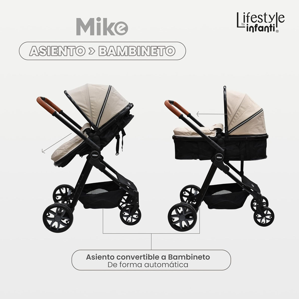 INFANTI | Carriola para Bebe MIKE | Carreola con Portabebé -Travel System con Asiento Reversible | Hasta 15 kg | Color Beige