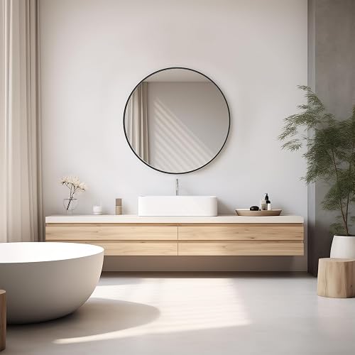 Sweetcrispy Espejo de Pared Redondo de 24 Pulgadas con Vidrio Templado, Espejo de baño sobre Fregadero, Espejo Redondo antivaho e Impermeable para baño, Entrada, recámara, diseño inastillable, Negro