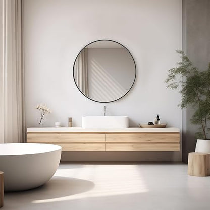 Sweetcrispy Espejo de Pared Redondo de 24 Pulgadas con Vidrio Templado, Espejo de baño sobre Fregadero, Espejo Redondo antivaho e Impermeable para baño, Entrada, recámara, diseño inastillable, Negro