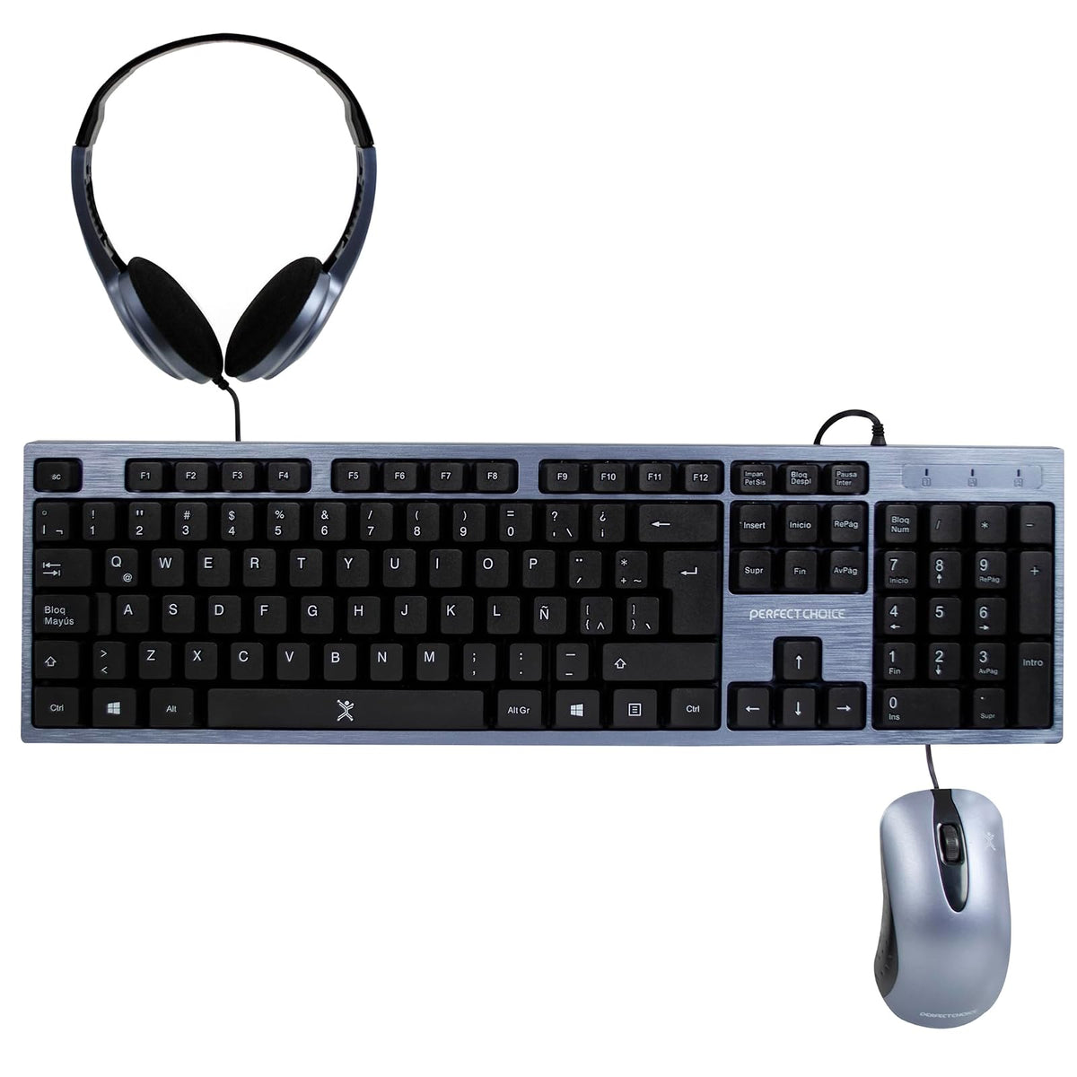 Perfect Choice Kit de Auriculares, Teclado y Mouse con Cable Kit 3 en 1 - Teclado inalámbrico de Membrana - Auriculares ergonómicos con micrófono omnidireccional - Mouse USB(Azul)