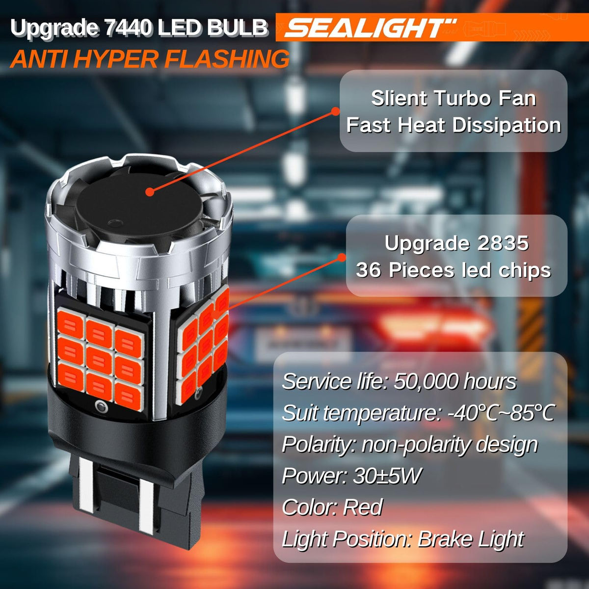 SEALIGHT 7440 7443 - foco LED roja 7441 7444 para luces de freno, 600% más brillante T20 W21W para luces de señal de freno de parada trasera, paquete de 2