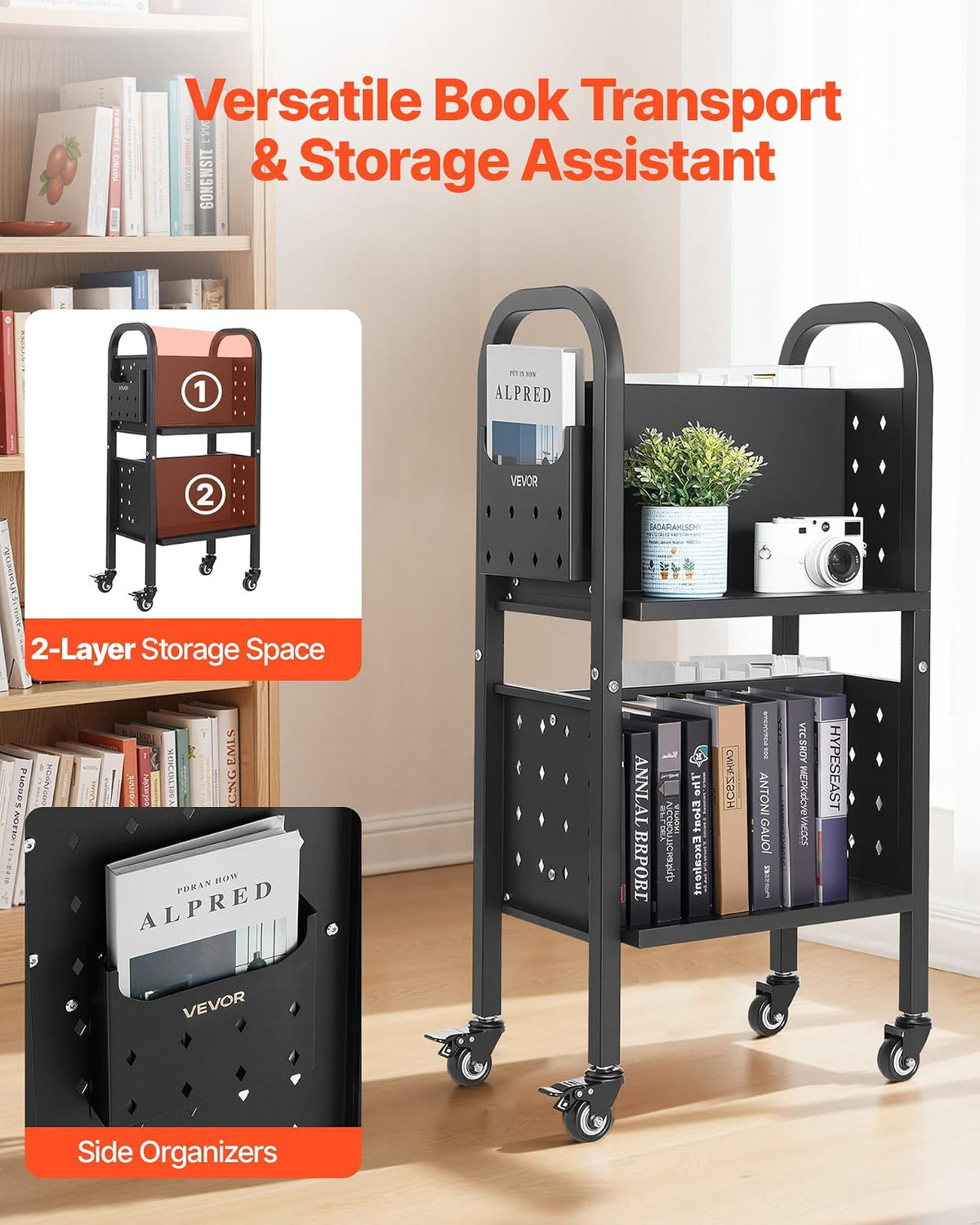 VEVOR Carro para Libros de 2 Niveles Estantería de Libros con Ruedas 45 x 33 x 88 cm Estante de Almacenamiento en Forma de L Doble Caro Carro Rodante para , Oficina, Escuela, Negro