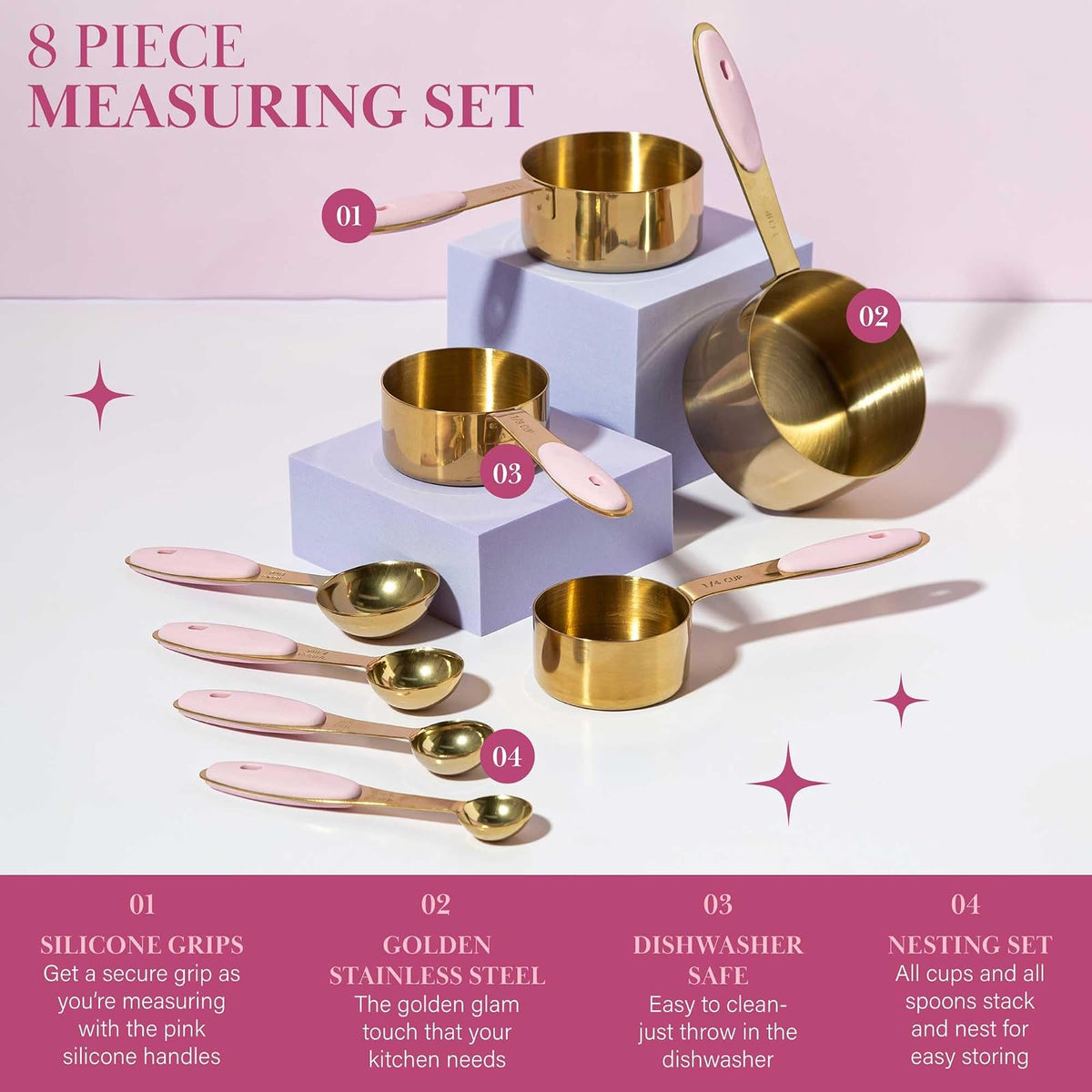 Paris Hilton - Juego de tazas y cucharas medidoras de acero inoxidable con mango de silicona rosa, apto para lavaplatos, para ingredientes secos y líquidos, juego de 8 piezas, dorado y rosa