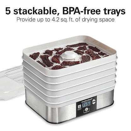 Hamilton Beach 32100A Deshidratador de Alimentos, 5 Bandejas Apilables, Gris