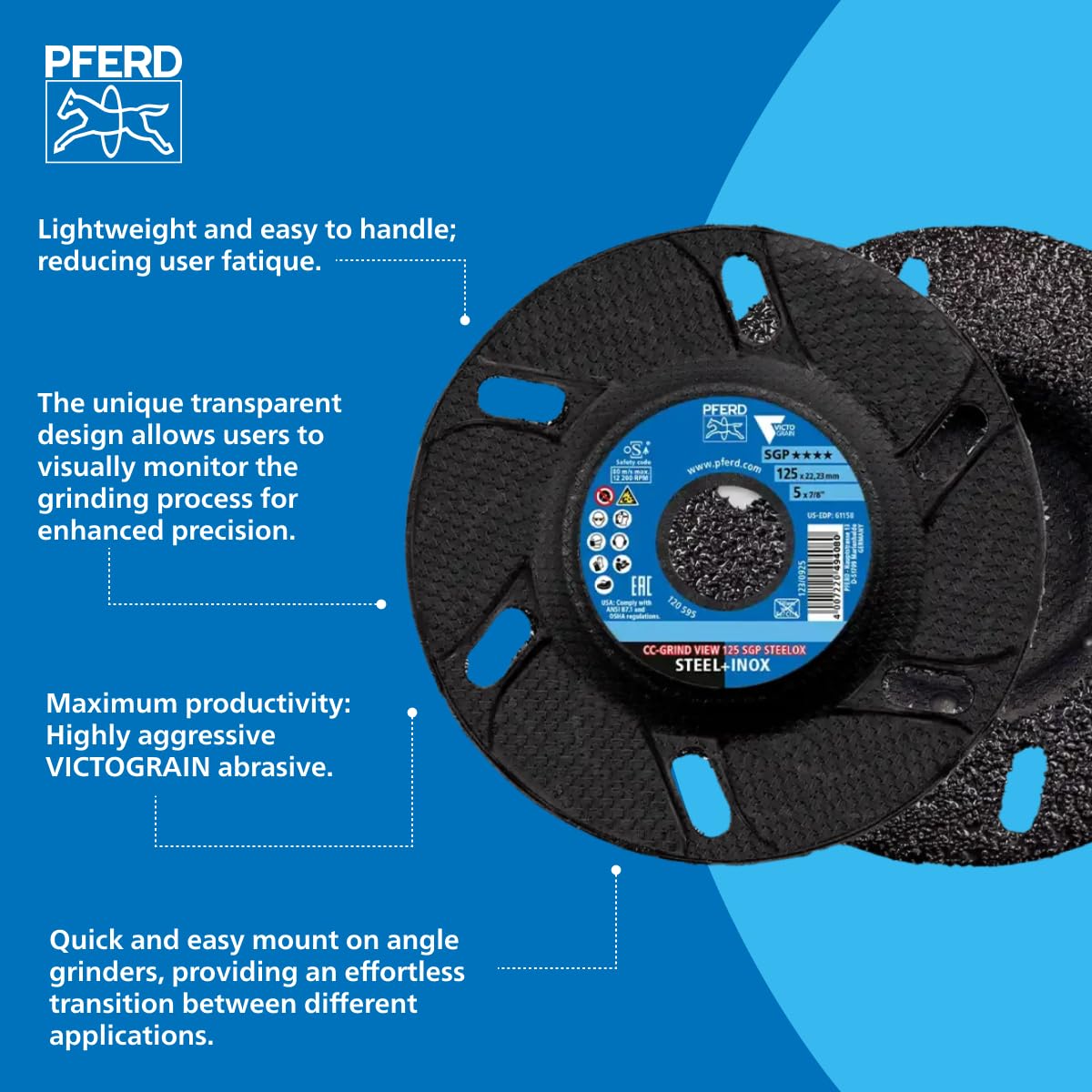 Pferd CC-Grind® View, 5" x 7/8, SGP STEELOX VICTOGRAIN®, cerámica - Parte 61158 (paquete de 10)