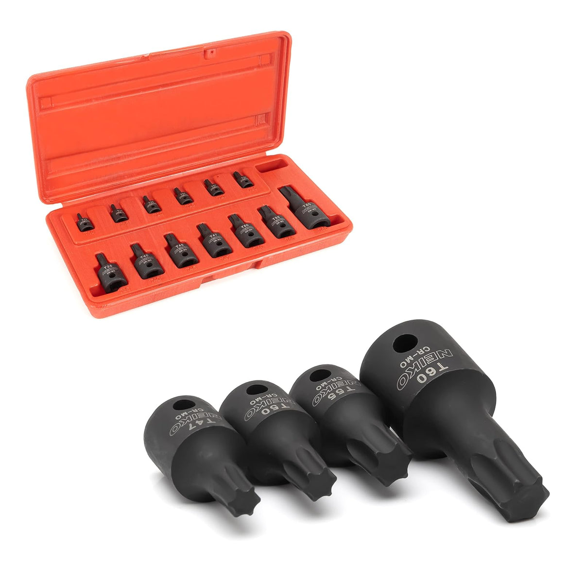 NEIKO 10281B - Juego de llaves de punta Torx de impacto de 1/4", 3/8" y 1/2", enchufes de estrella de 6 puntos, grado de impacto resistente Cr-Mo, T10 a T60 de alto impacto, juego de llaves mecánicas para automóviles y motocicletas de grado profesional