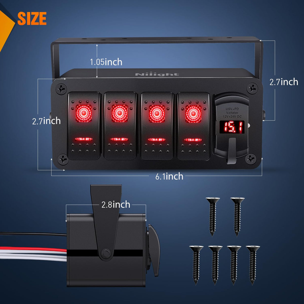 Nilight - Caja de interruptores basculantes de 4 bandas de 12 V SPST ON Off Switches PD tipo C y QC 3.0 USB Cargador Voltímetro Luz LED Impermeable de Aluminio Soporte Panel Pegatinas DIY para Bote,