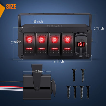 Nilight - Caja de interruptores basculantes de 4 bandas de 12 V SPST ON Off Switches PD tipo C y QC 3.0 USB Cargador Voltímetro Luz LED Impermeable de Aluminio Soporte Panel Pegatinas DIY para Bote,