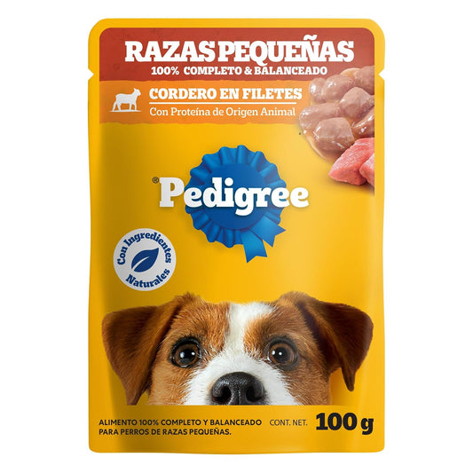 Pedigree - Sobres para Perro, Raza Pequeña, Sabor Cordero, con Ingredientes Naturales, Proteínas y Fibra, 24 Sobres, 100g c/u