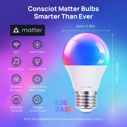 Consciot - Bombillas inteligentes, WiFi Bluetooth que cambia de color, bombillas LED A19 E26 RGBTW que funcionan con Alexa/Google Home/Apple Home/Siri, sincronización de música, foco inteligente