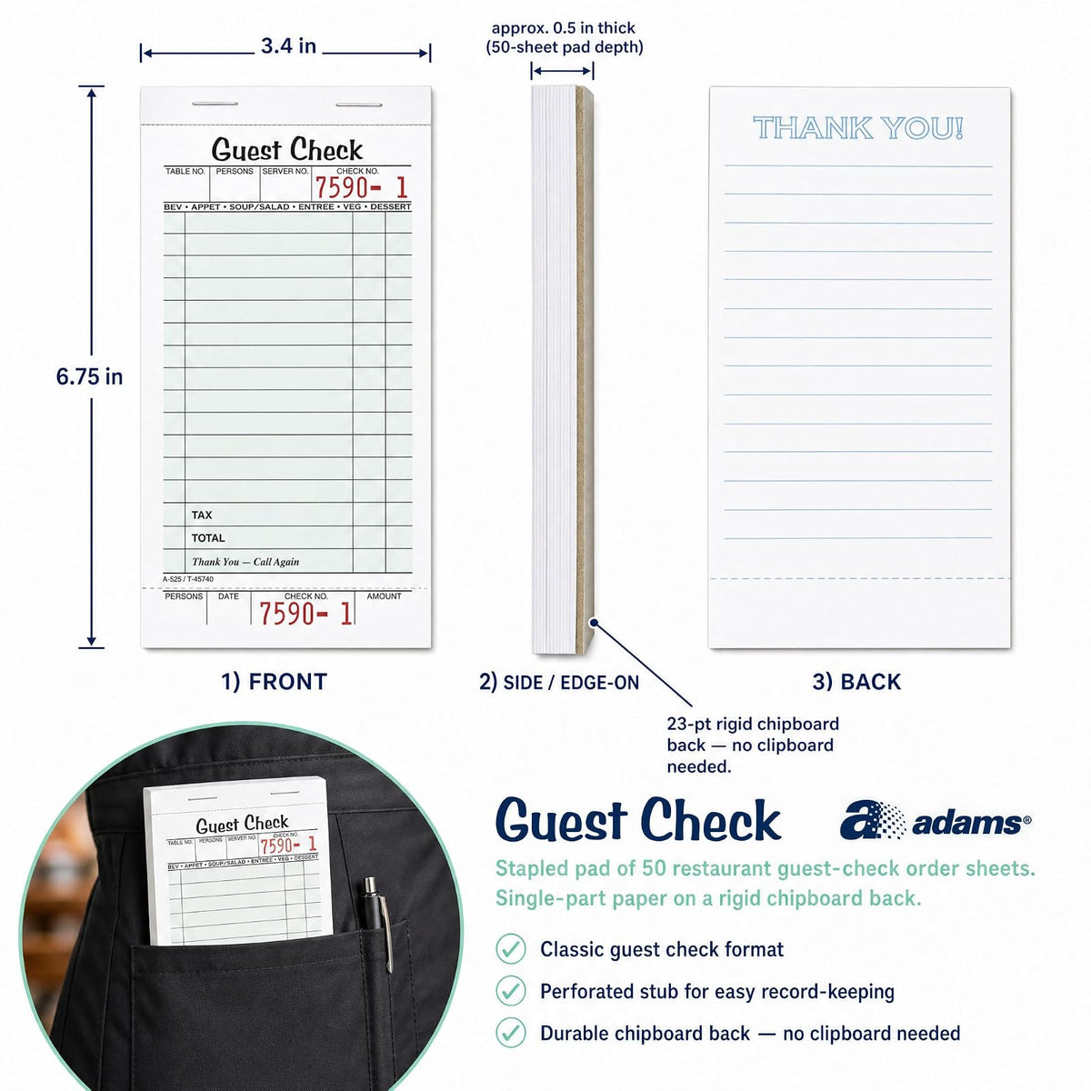 Adams Guest Check Pads, Single Part, Perforated, White, 3-2/5" x 6-3/4", 50 Sheets/Pad, 5 Pads/Pack (525SWMT)
