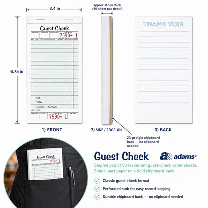 Adams Guest Check Pads, Single Part, Perforated, White, 3-2/5" x 6-3/4", 50 Sheets/Pad, 5 Pads/Pack (525SWMT)