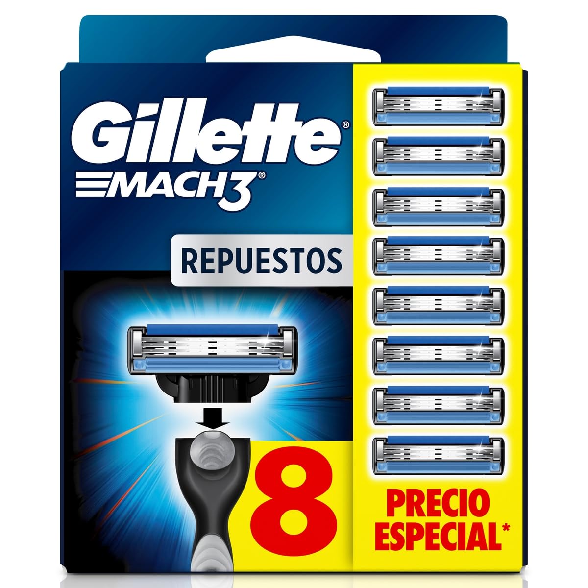 Gillette Mach3 Cartuchos de Rastrillo para Afeitar 4 Repuestos 3 Hojas - 8 Unidad (Paquete de 1)
