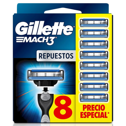 Gillette Mach3 Cartuchos de Rastrillo para Afeitar 4 Repuestos 3 Hojas - 8 Unidad (Paquete de 1)