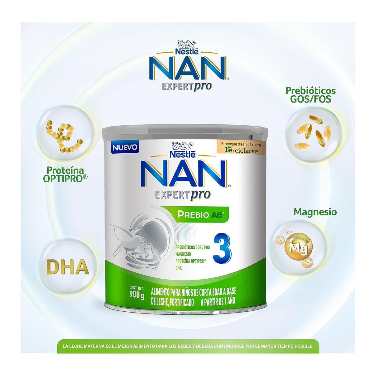 NAN 3 Prebio Ae Alimento Para Niños Con Prebióticos, 0-12 Meses Lata 900 g