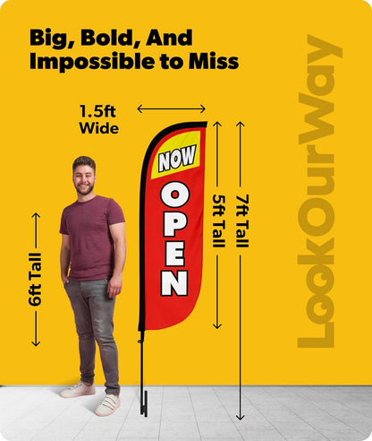 LookOurWay Bandera de Plumas con temática Abierta de 5 pies de Alto para Publicidad de Negocios, Juego Completo con Juego de 5 Postes de Fibra de Vidrio de Aluminio y Punta de Tierra