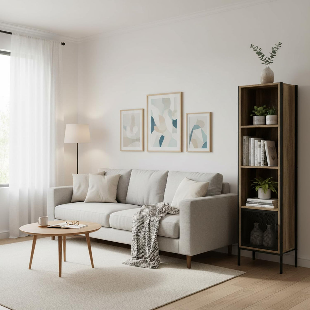 LÖSEN Gabinete de Estilo Industrial con Puerta de Alambre de Púas y 4 Compartimentos de Almacenamiento para Sala Estudio