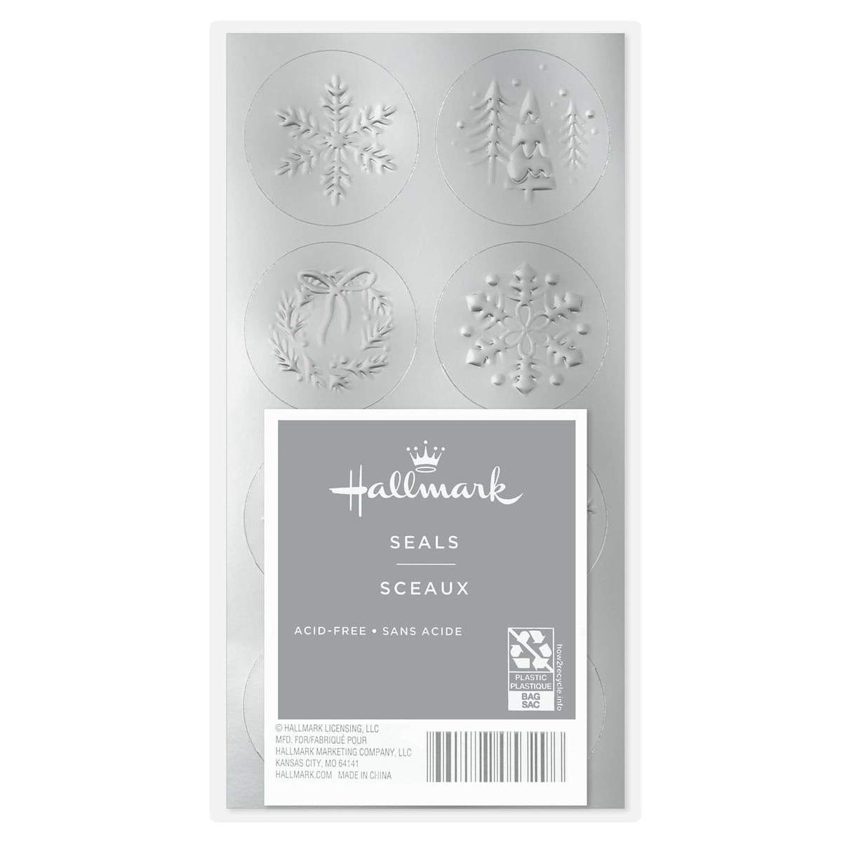 Hallmark - Sello de vinilo plateado para sobres (80 sellos) copos de nieve, árboles, renos