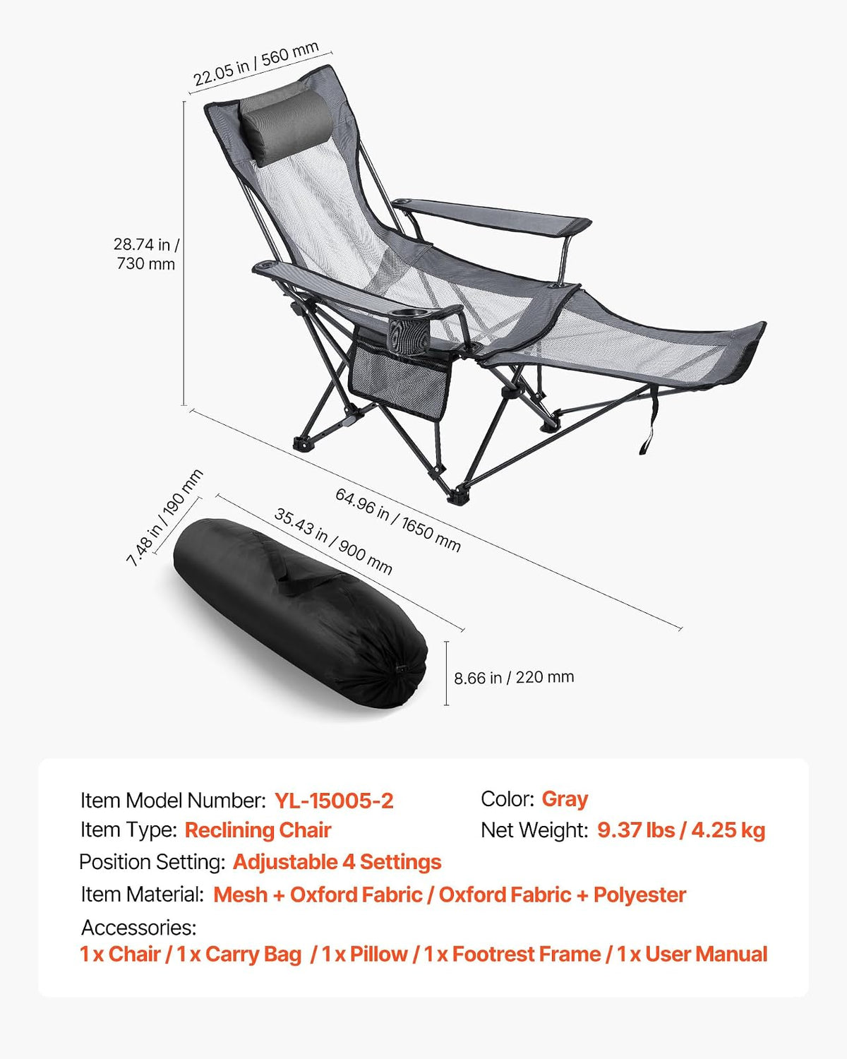 VEVOR Silla de Camping Plegable, 4 Posiciones Ajustables, Silla Reclinable y Portátil con Reposapiés y Reposacabezas, Tejido de Malla, Capacidad de Carga de 100 kg, para Playa y Patio, Gris