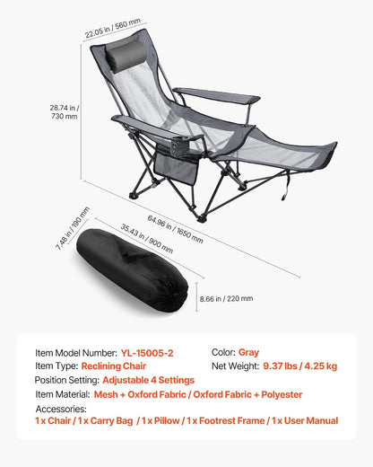 VEVOR Silla de Camping Plegable, 4 Posiciones Ajustables, Silla Reclinable y Portátil con Reposapiés y Reposacabezas, Tejido de Malla, Capacidad de Carga de 100 kg, para Playa y Patio, Gris
