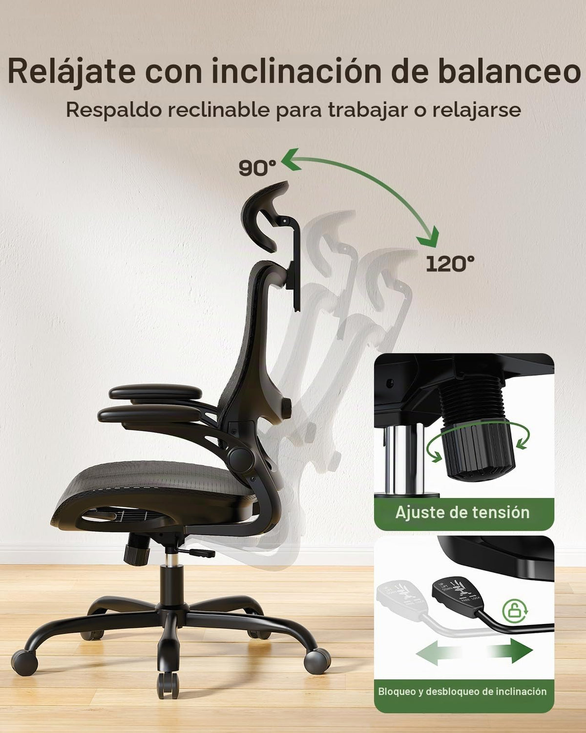 Silla de Oficina Ergonómica Marsail: Silla de Computadora con Malla de Respaldo Alto, Soporte Lumbar Ajustable, Reposabrazos y Ruedas 3D