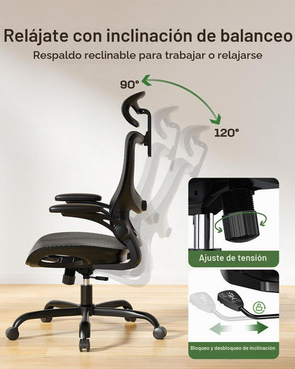 Silla de Oficina Ergonómica Marsail: Silla de Computadora con Malla de Respaldo Alto, Soporte Lumbar Ajustable, Reposabrazos y Ruedas 3D