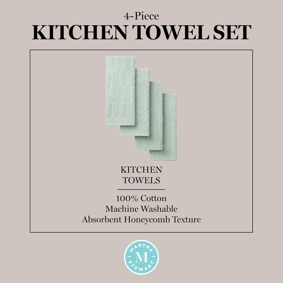 Martha Stewart Honeycomb Chambray - Juego de 4 Toallas de Cocina texturizadas, 100% algodón con Rizo Absorbente, Toallas de Cocina Decorativas, Verde Menta, 16 x 28 Pulgadas