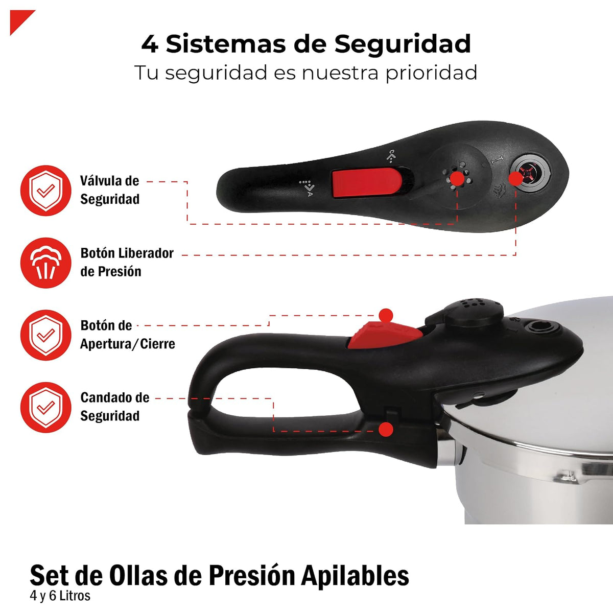 Bogner Set de ollas de presión fabricadas de acero inoxidable, Incluye 1 olla de 4 litros y otra de 6 litros, con accecorios (vaporera y tapa de cristal)