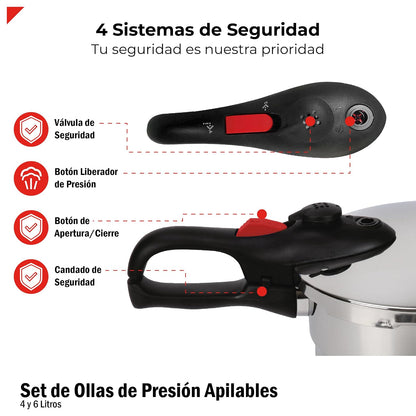Bogner Set de ollas de presión fabricadas de acero inoxidable, Incluye 1 olla de 4 litros y otra de 6 litros, con accecorios (vaporera y tapa de cristal)