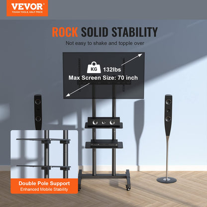 VEVOR - Soporte de TV móvil, Carrito de TV móvil para televisores de 32 a 70 Pulgadas, Soporte de TV portátil de Altura Ajustable con Ruedas, Bandeja Doble para Dispositivos audiovisuales, Soporte de