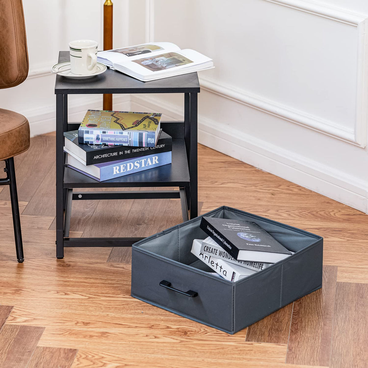 Lösen Mesita de Noche Cuadrada Mesita Auxiliar Se Puede Usar En Dormitorio Sala de Estar con Cajón de Bolsa de Tela Gris (Negro)
