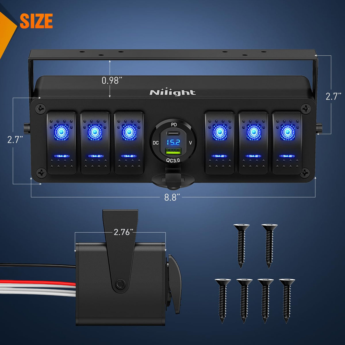 Nilight 6 Gang Rocker Switch Box 12V SPST ON Off PD Type C and USB Charger Voltmeter Waterproof Aluminum Panel Night Glow Stickers for Boats Cars RVs Trucks
